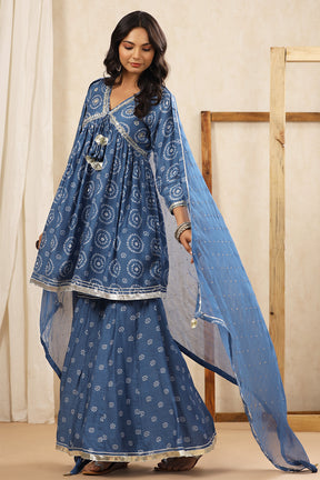 Blue Bayoux Color Crepe Silk Bhandhani Printed Alia-Cut Suit With Gharara