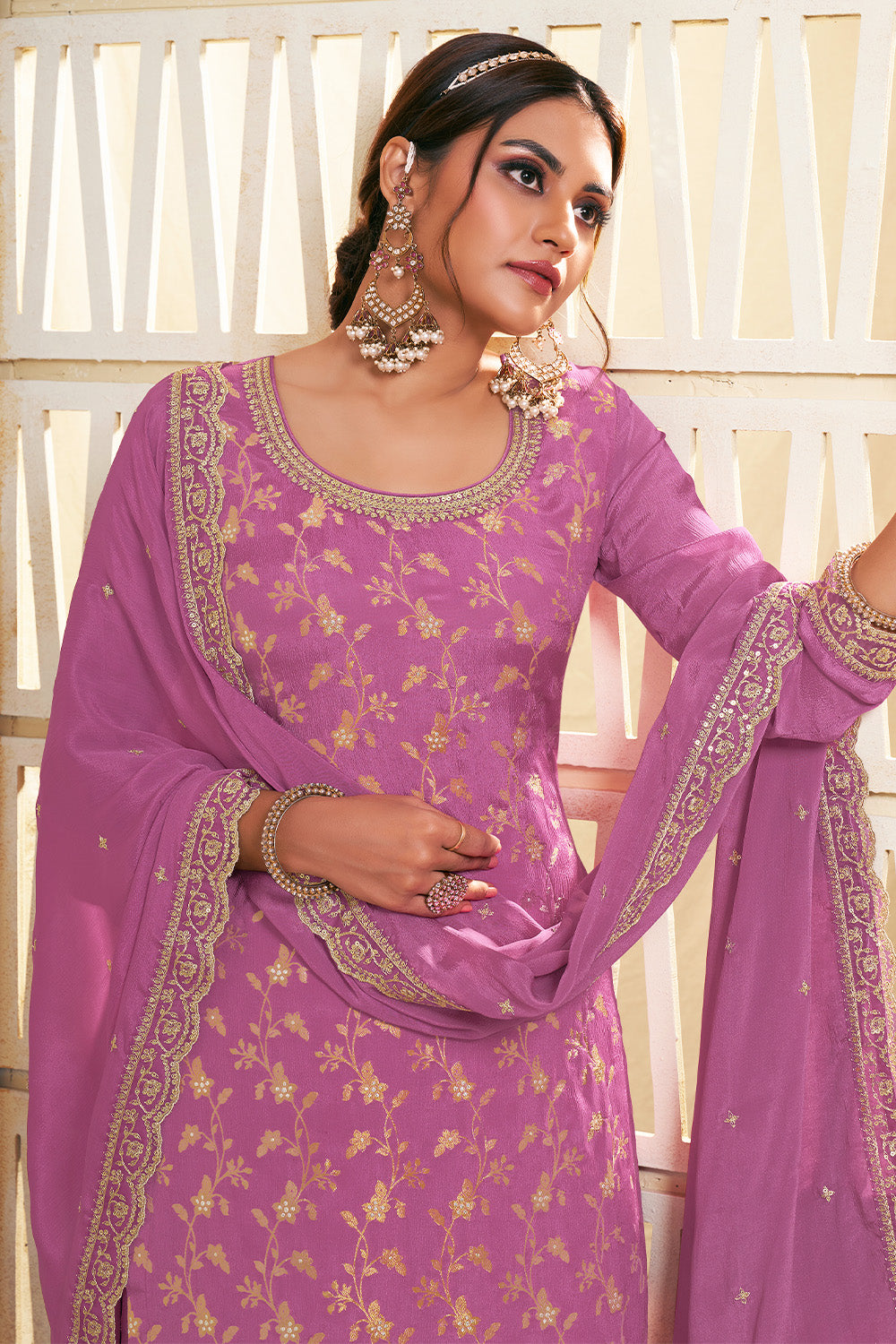 Light Plum Color Crepe Woven Suit With Sharara