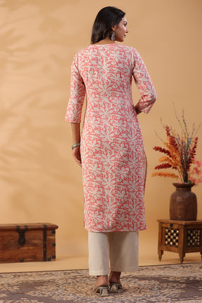 Peach & Beige Color Floral Printed Cotton Kurti Set