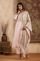 Light Pink Color Chanderi Neck Embroidered Suit