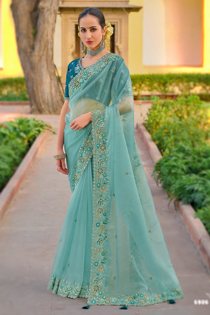 Powder Blue Color Tissue Fabric Embroidered Saree