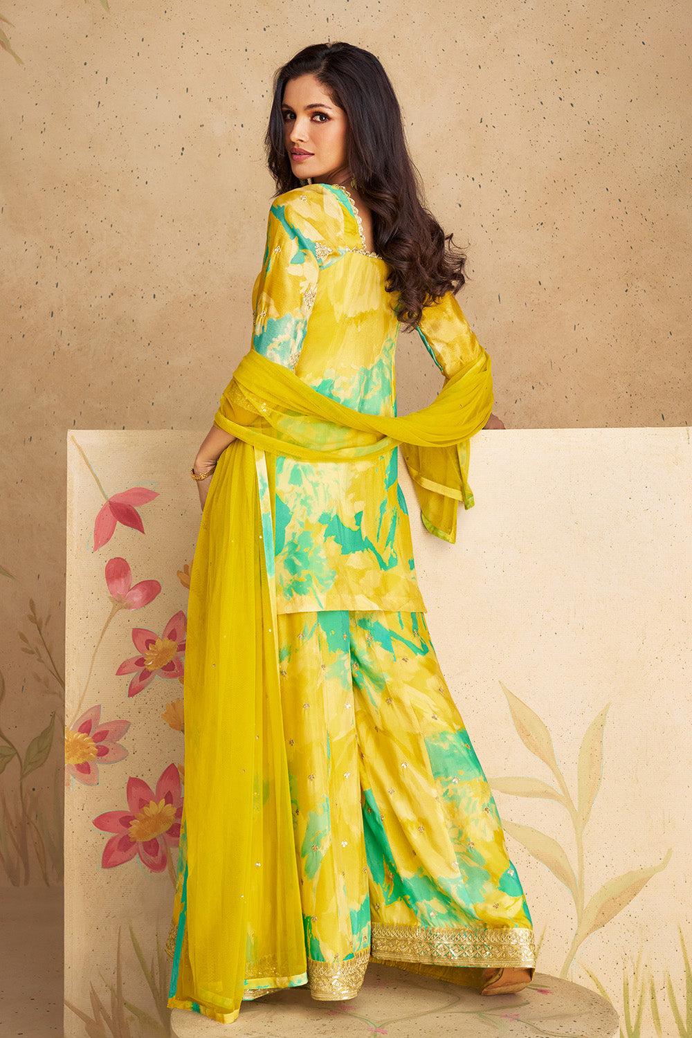 Lemon Yellow Color Crepe Silk Printed & Embroidered Suit With Palazzo