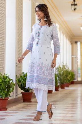 White & Blue Color Printed Cotton Suit