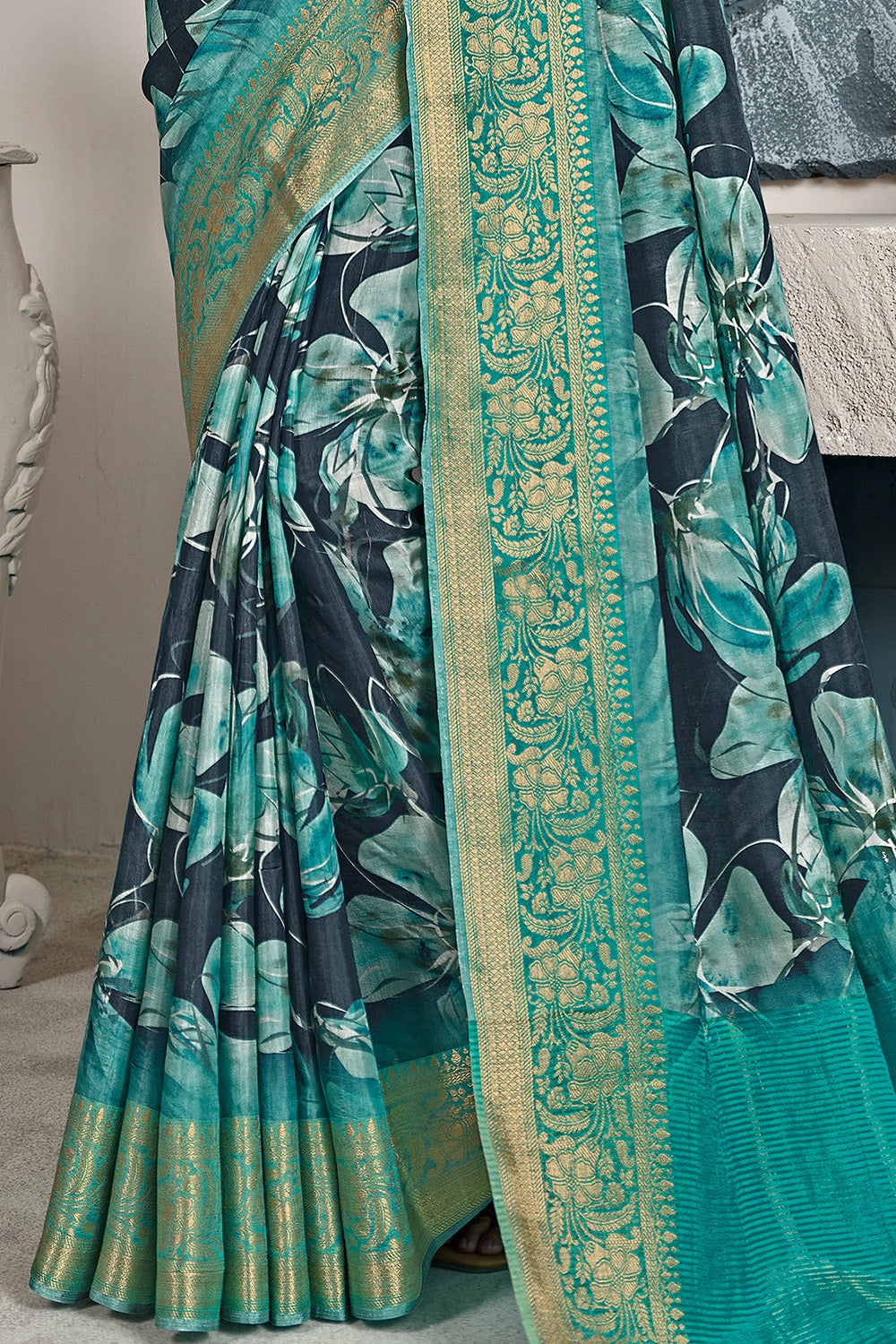 Sea Turtle Green Color Printed & Woven Modal Silk Saree