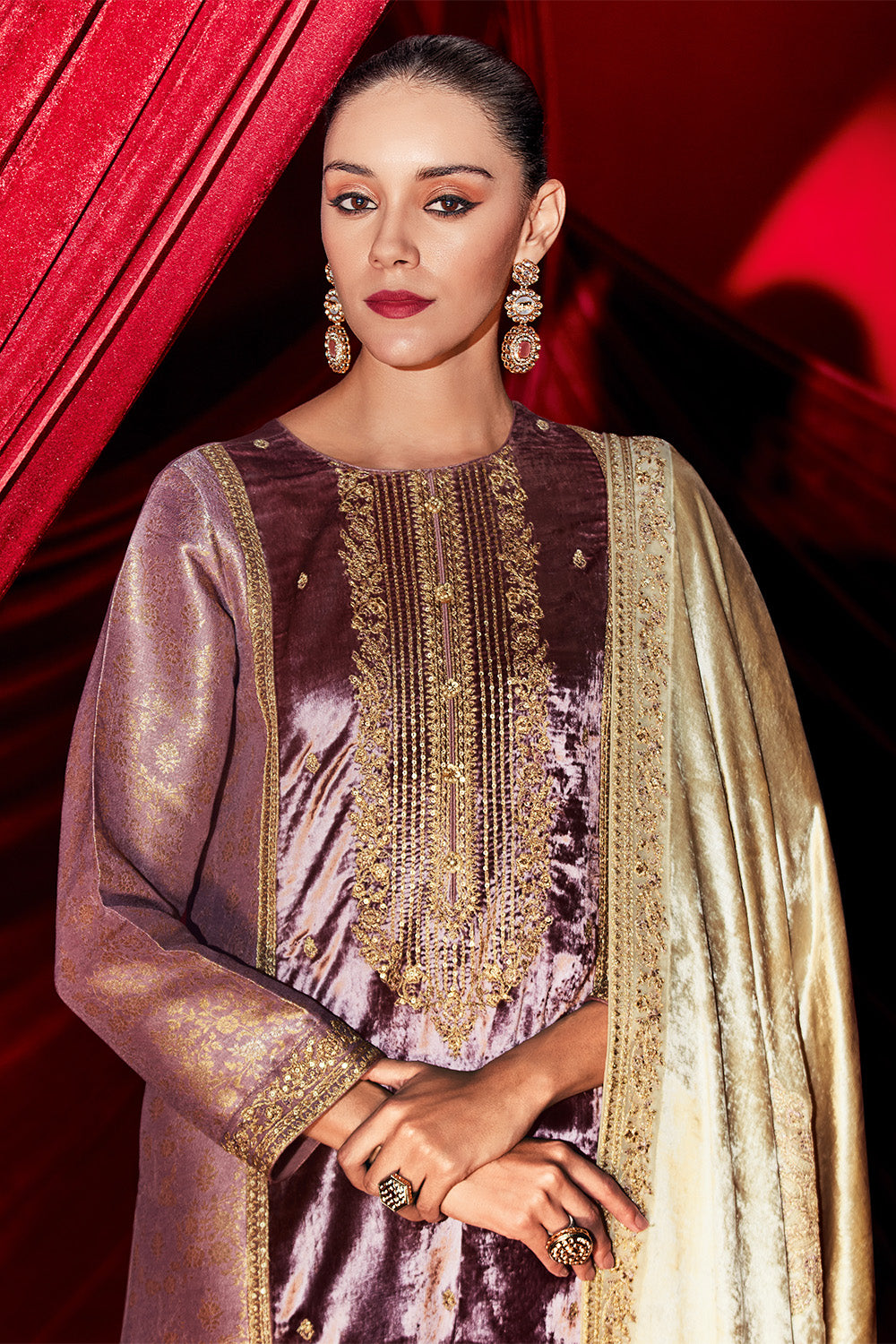 Mauve Color Velvet & Brocade Silk Dual-Fabric Designed Unstitched Suit Material