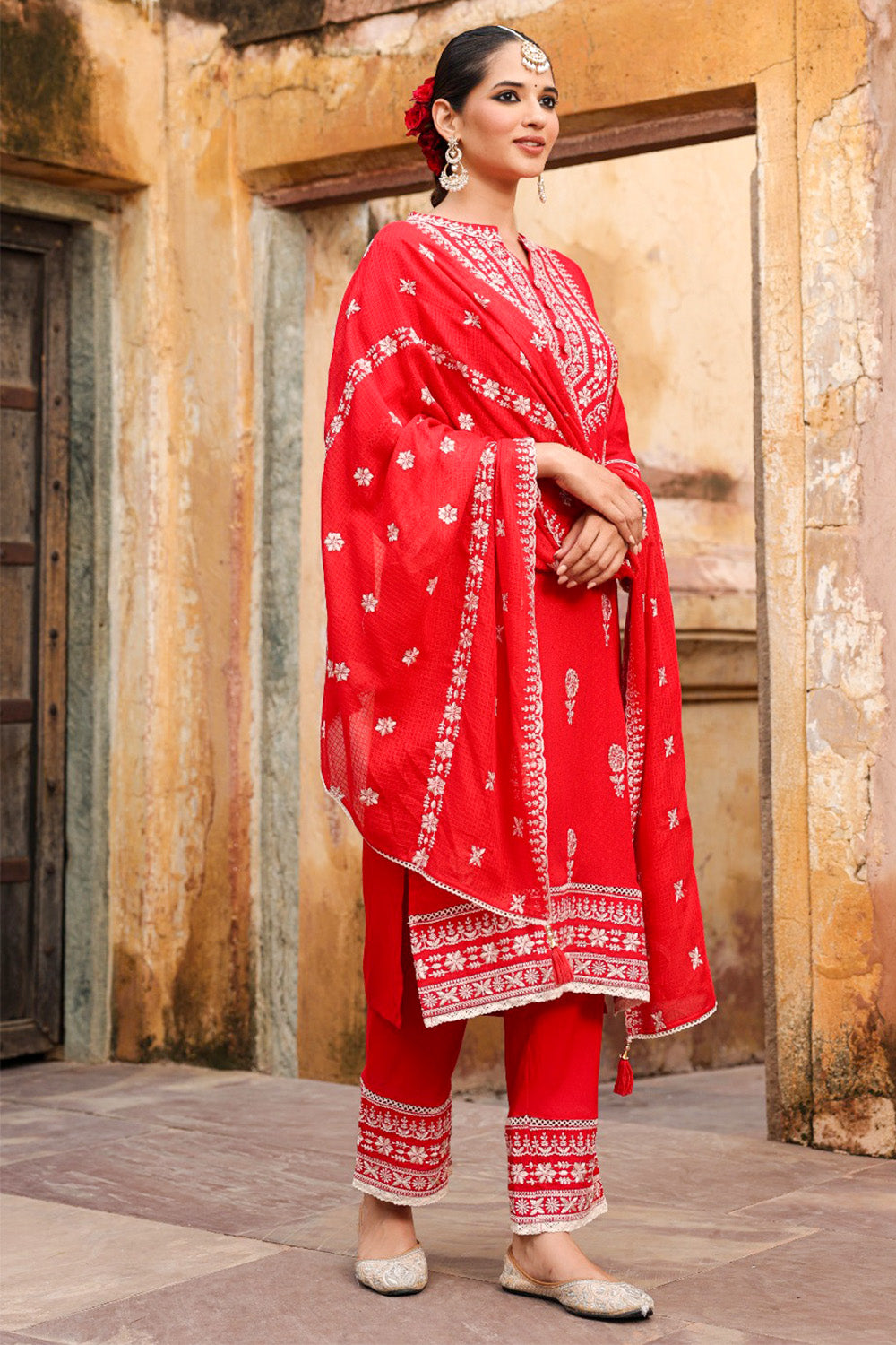 Coral Red Color Rayon Embroidered Suit