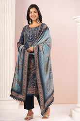 Navy Blue Muslin Printed Straight Suit