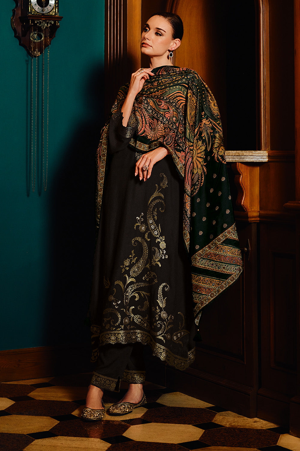 Black Color Pashmina Neck Embroidered Unstitched Suit