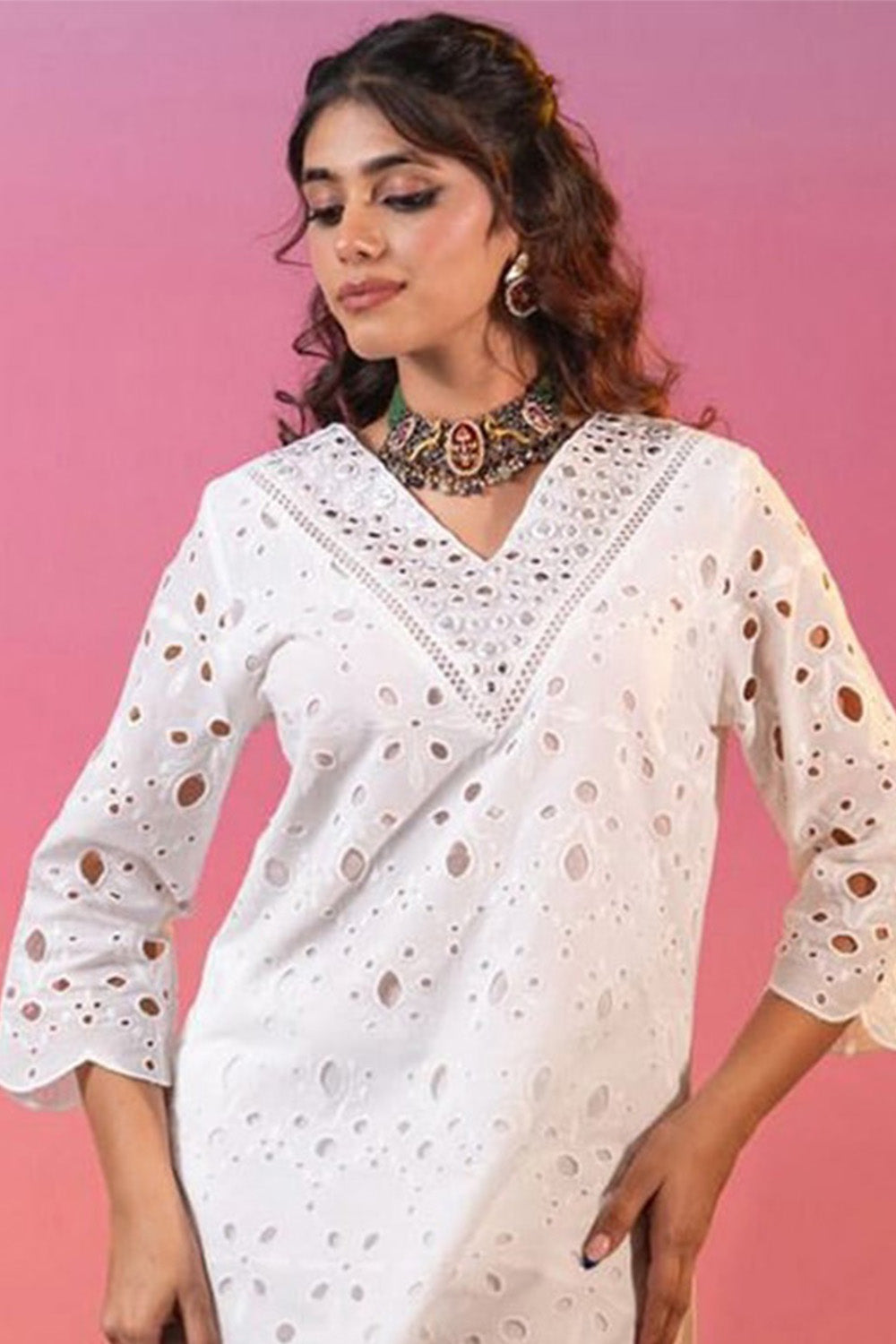 White Color Cotton Embroidered Kurta Set