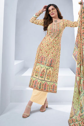 Beige Color Digital Printed Cotton Unstitched Suit Material