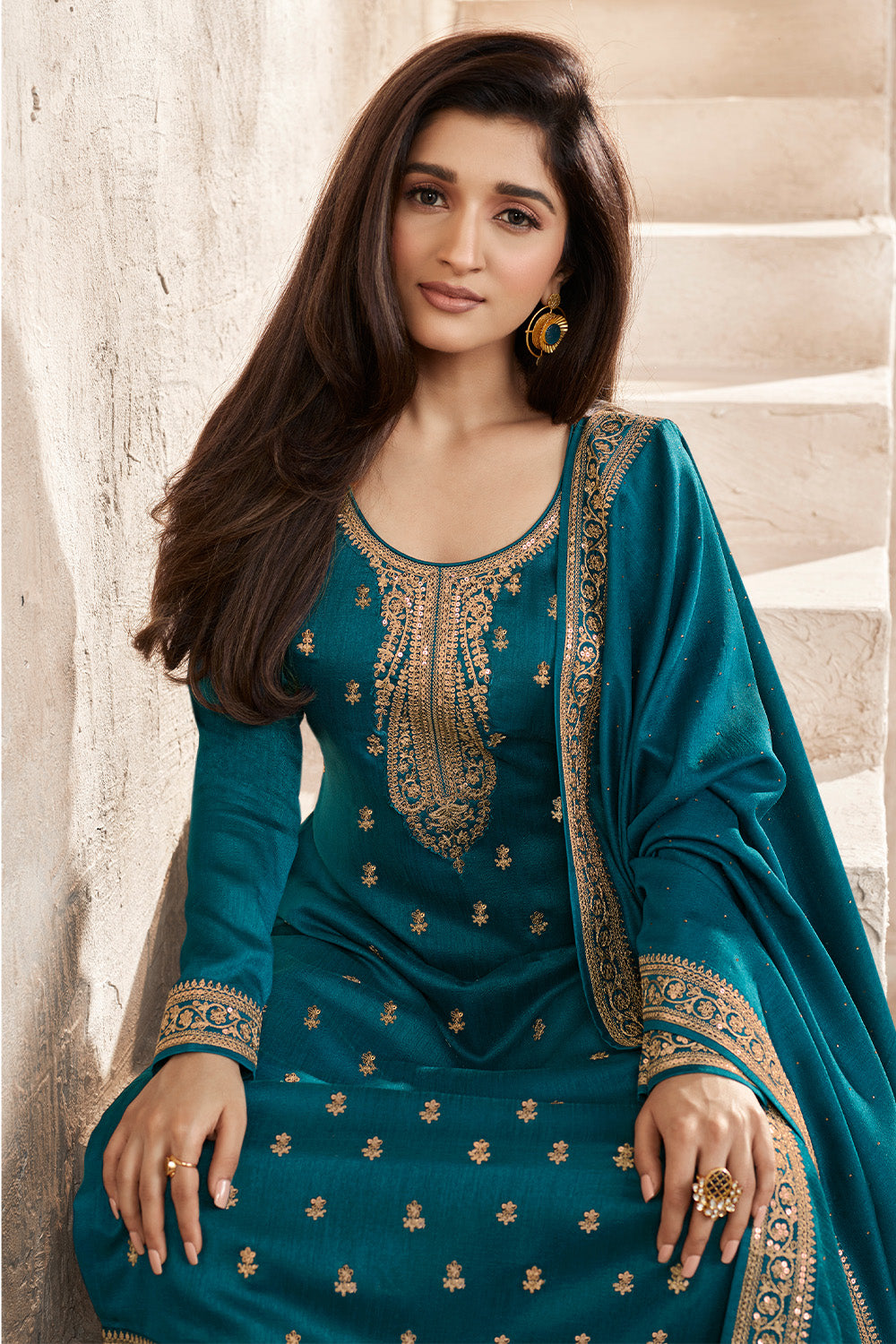 Teal Colour Zari Embroidered Silk Unstitched Suit Material