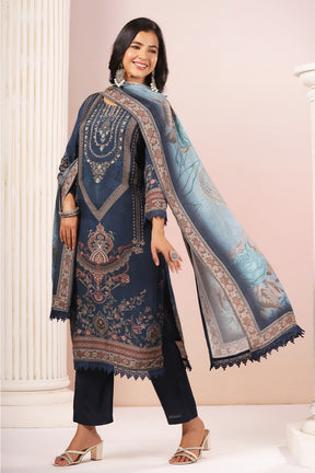 Navy Blue Muslin Printed Straight Suit