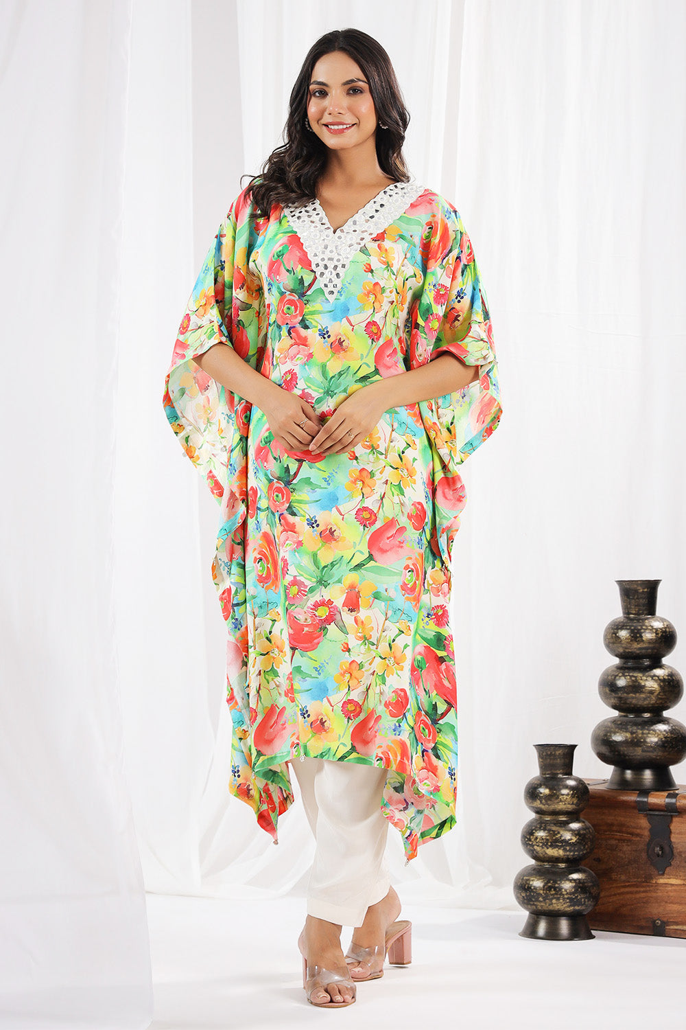 Green Color Muslin Printed Kaftan Set