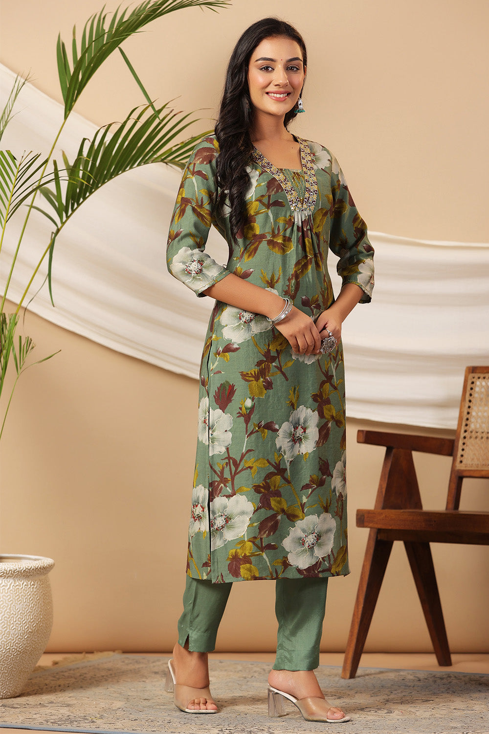 Sage Green Color  Muslin Floral Printed Kurta Set