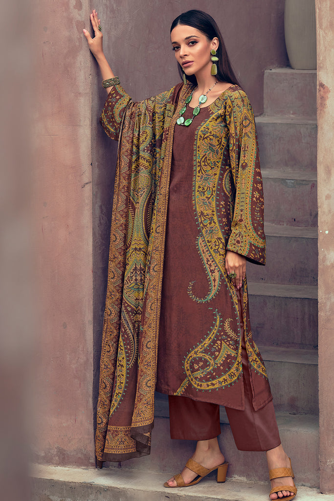 Brown Color Digital Printed Muslin Unstitched Suit Fabric