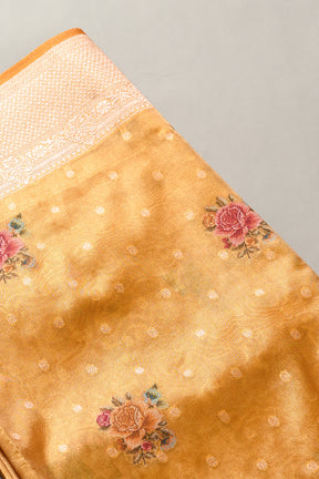 Mustard Color Organza Tissue Woven & Printed Saree