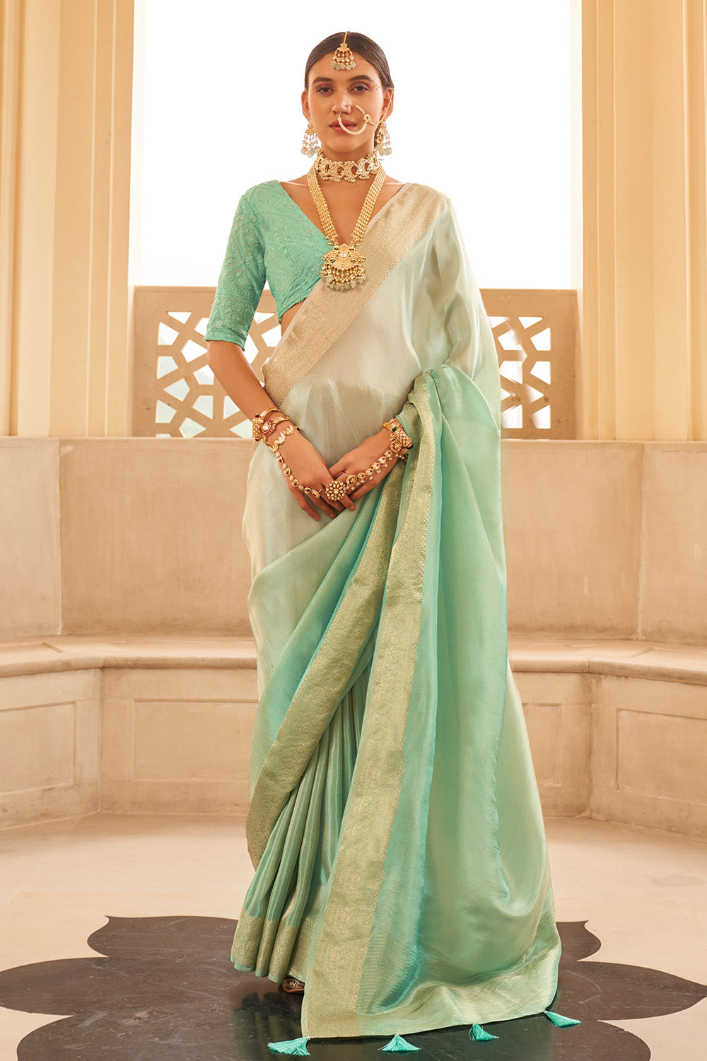 Mint Green Color Organza Silk Woven Saree