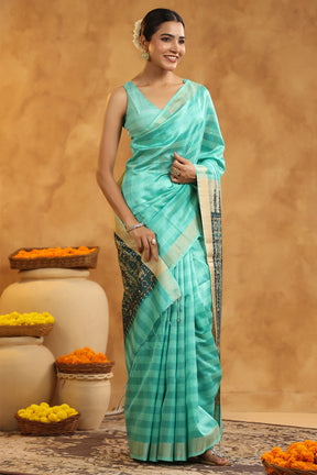 Turquoise Color Cotton Printed Saree