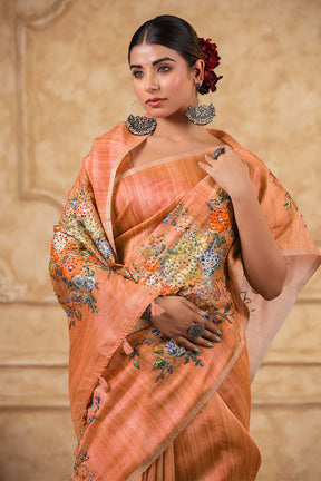 Brown Color Tussar Silk Saree