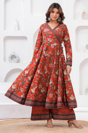 Maroon Color Floral Printed Cotton Anarkali Suit With Palazzo