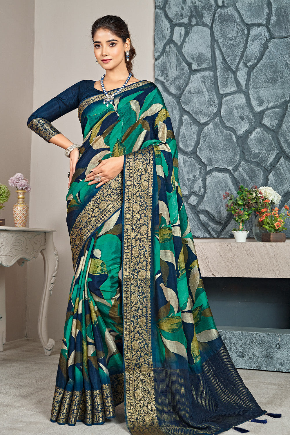 Navy Color Printed & Woven Modal Silk Saree