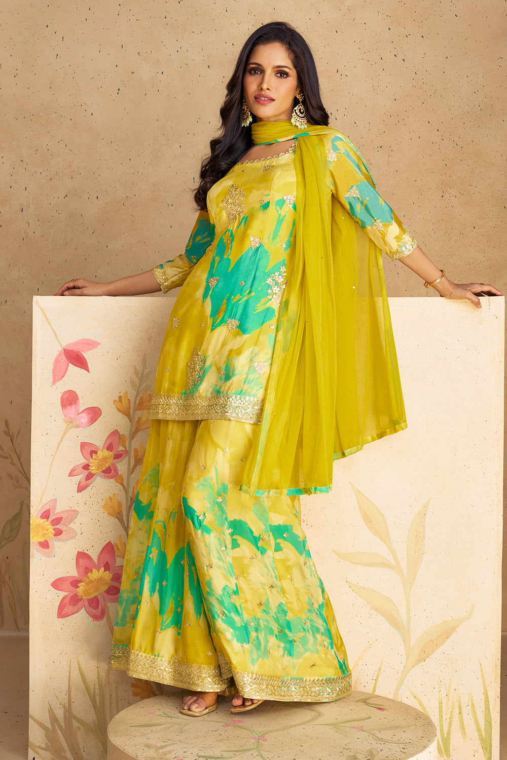 Lemon Yellow Color Crepe Silk Printed & Embroidered Suit With Palazzo
