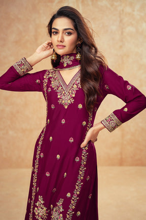 Dark Scarlet Color Crepe Silk Embroidered Suit With Embroidered Palazzo