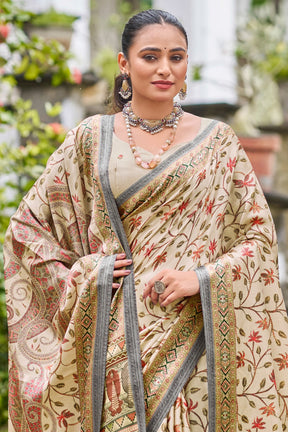 Beige Color Floral Printed Pashmina Saree With Matching Shawl