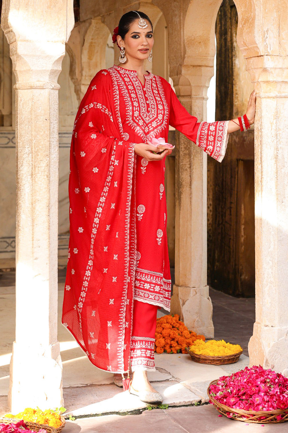 Coral Red Color Rayon Embroidered Suit