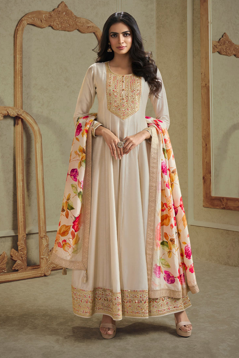 Cream Color Silk Embroidered Anarkali Suit