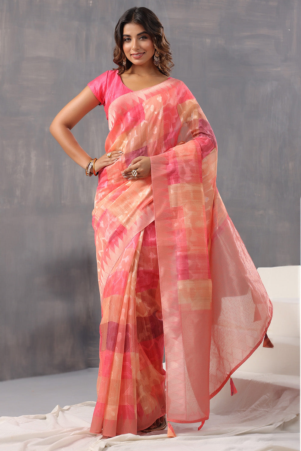 Coral Color Organza Woven Saree