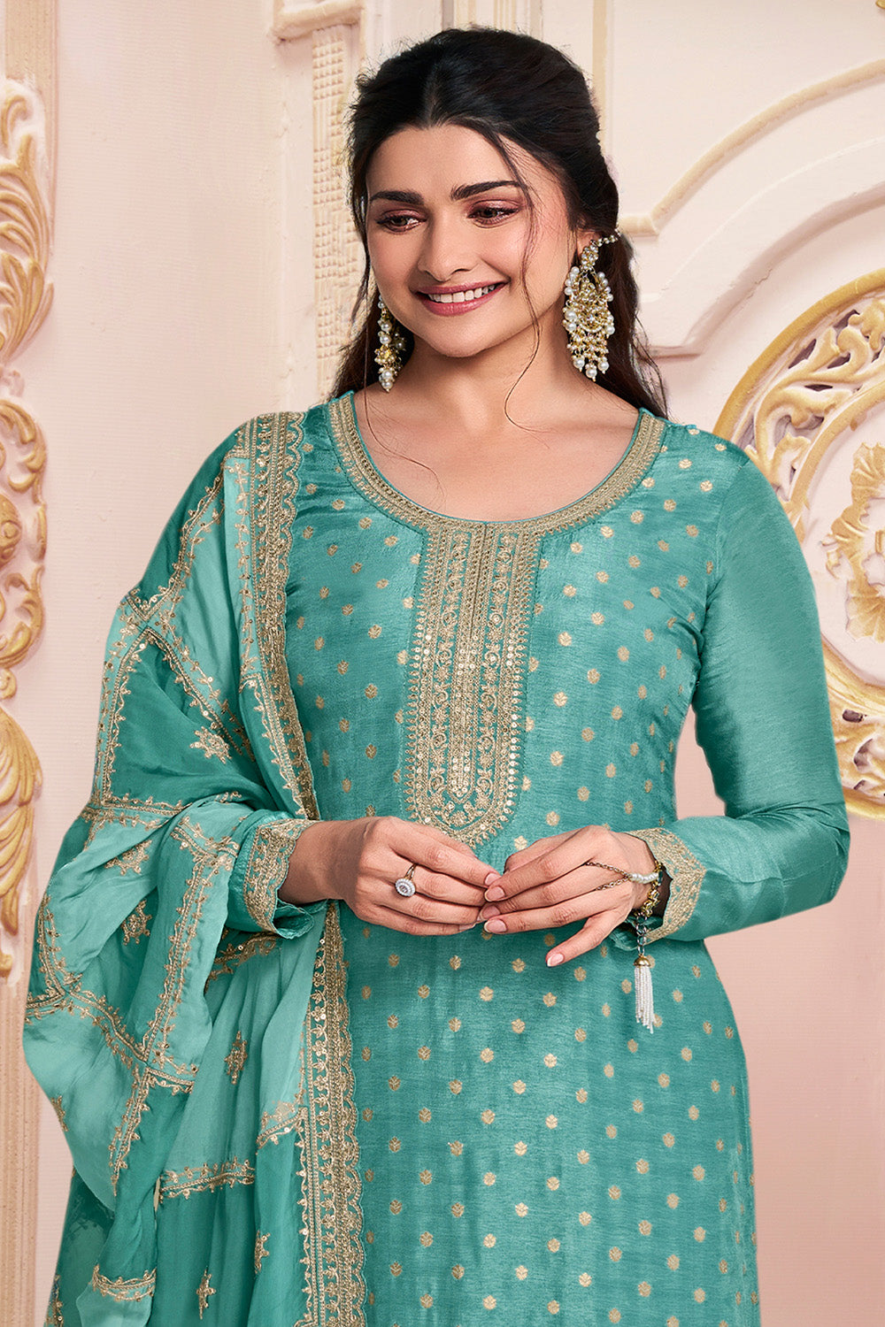 Turquoise Color Zari Embroidered Silk Unstitched Suit Fabric