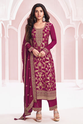 Magenta Color Zari Embroidered Banarasi Silk Unstitched Suit Fabric