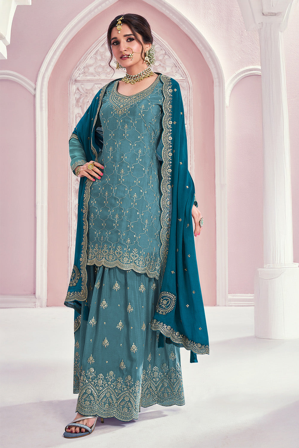 Blue Color Chinon Crepe Embroidered Unstitched Suit Fabric With Stitched Sharara