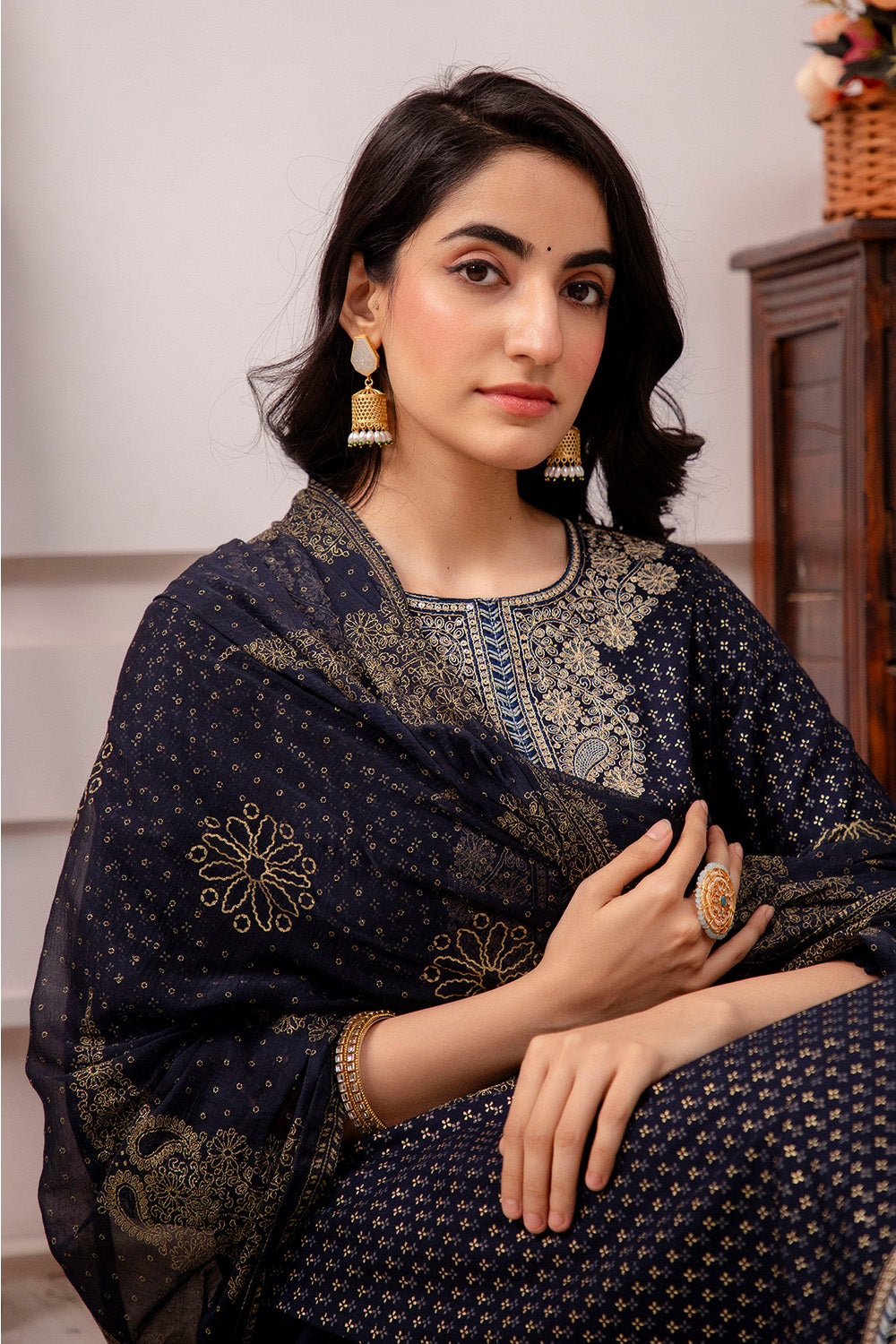 Navy Color Cotton Printed Sharara Suit