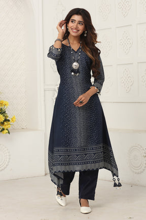 Navy Color Chanderi Soft Cotton Printed Long Kurta Set