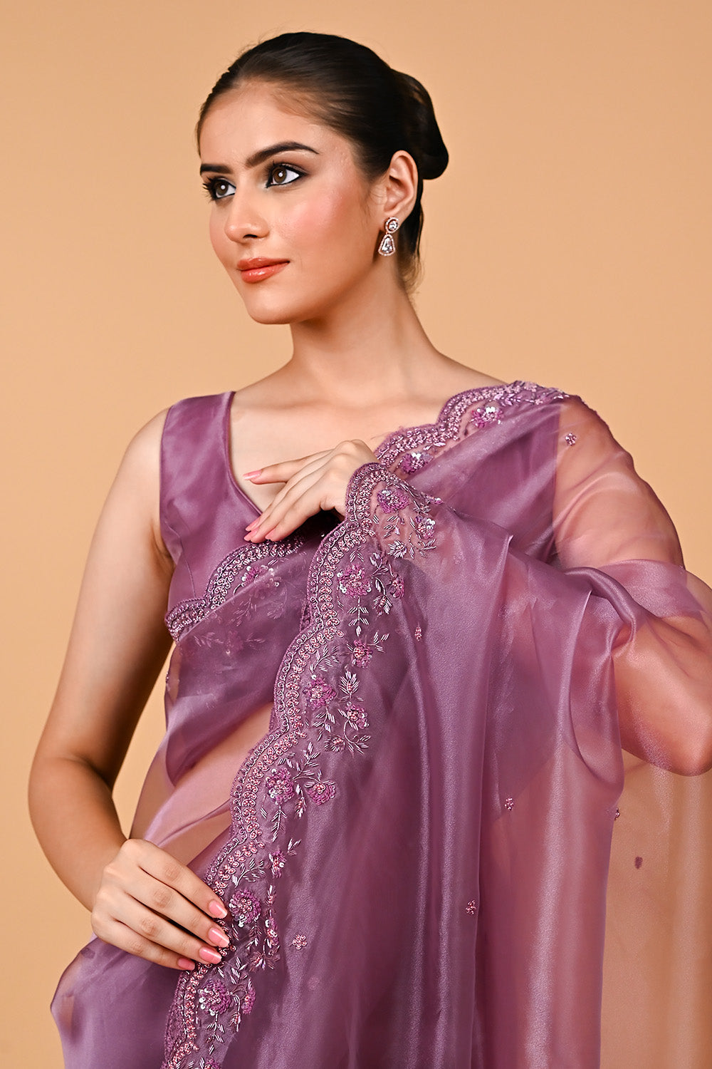 Mauve Color Organza Tissue Saree