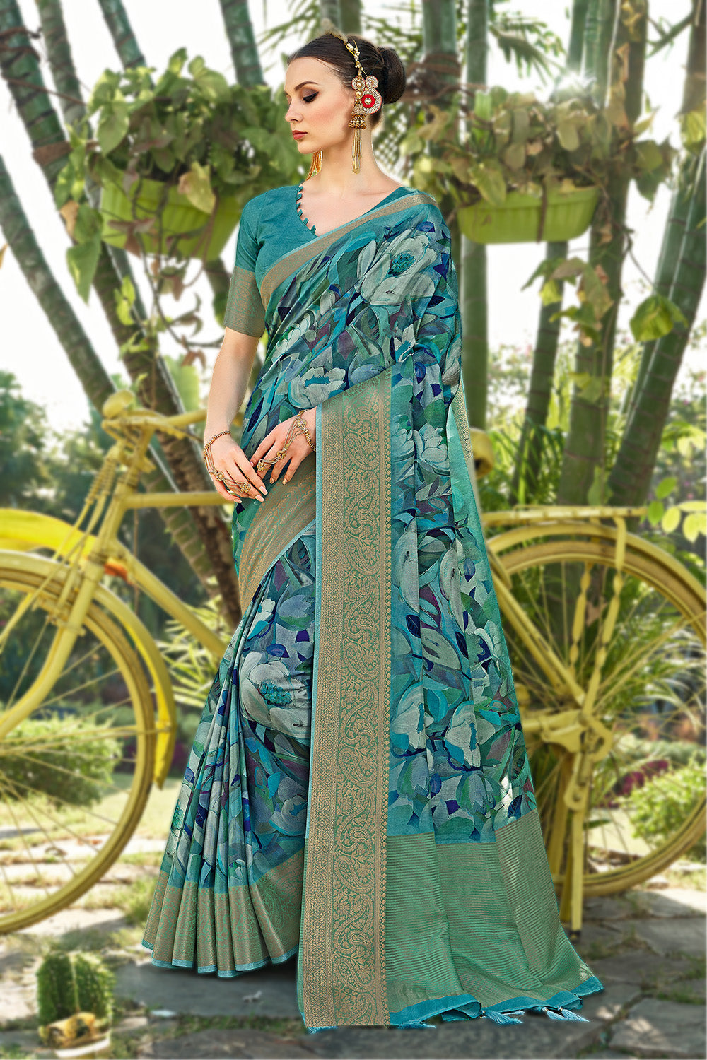 Deep Aqua Color Modal Silk Printed & Woven Saree