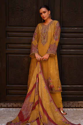 Mustard Color Spun Printed & Embroidered Unstitched Suit