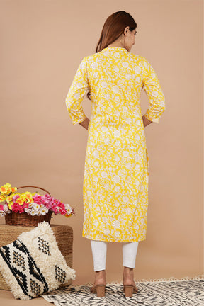Yellow Colour Cotton Printed Long Kurti
