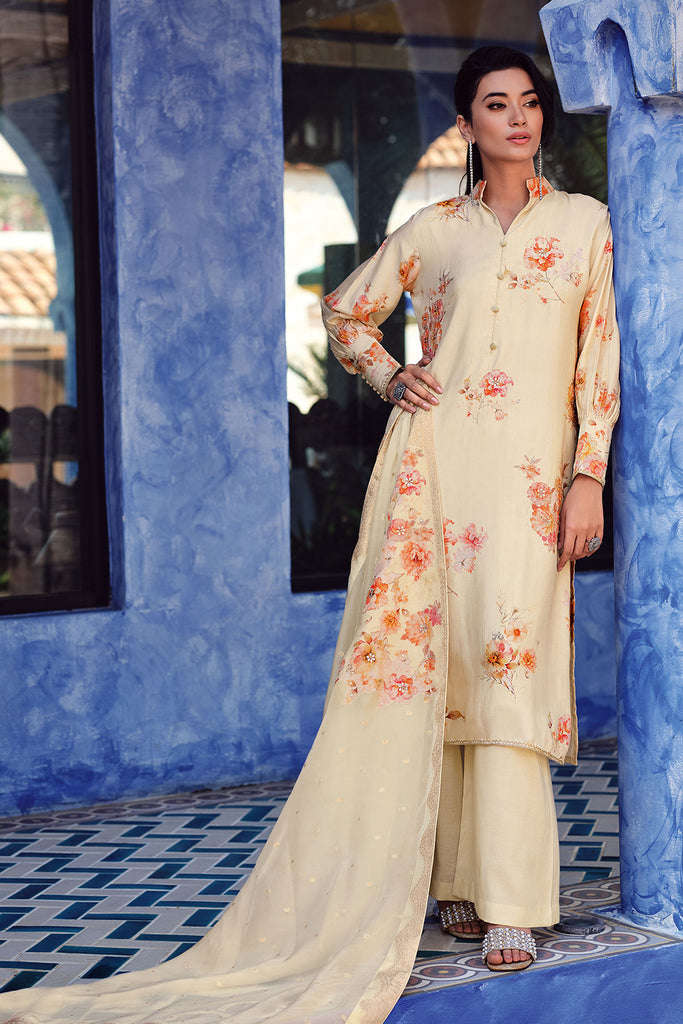 Cream Color Crepe Silk Printed Unstitched Suit Fabric