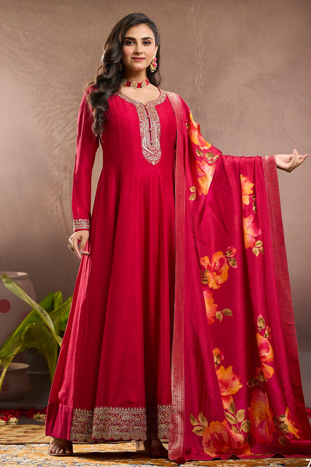 Fuchsia Pink Color Silk Embroidered Anarkali Kurti With Dupatta