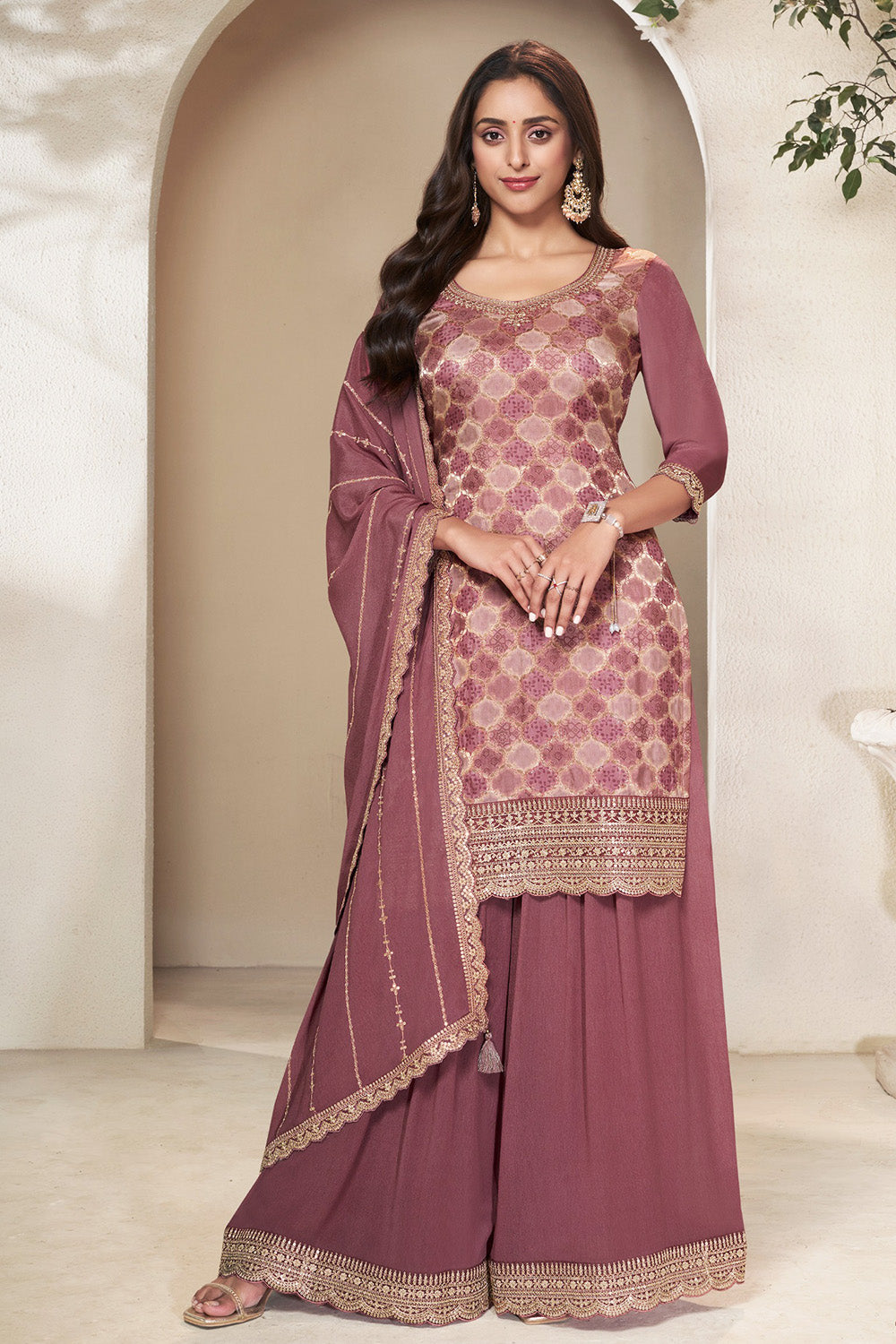 Dark Mauve Color Organza Silk Woven & Embroidered Suit with Sharara