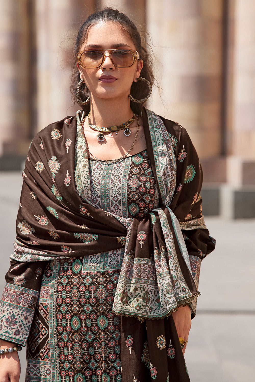 Coco Brown Color Pashmina Printed Unstitched Suit Material