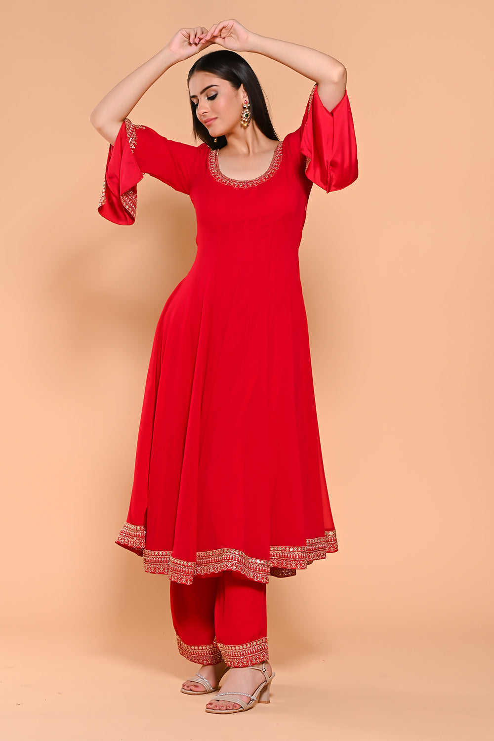 Red Color Georgette Designer Side Silts Sleeves Embroidered Anarkali Suit