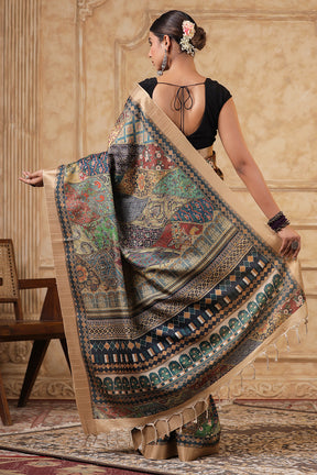 Green & Beige Color Printed Cotton Saree