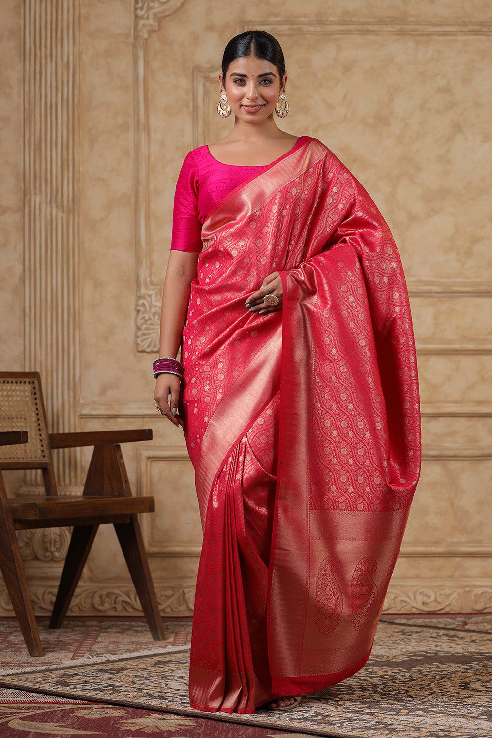 Fuschia Pink Silk Woven Saree