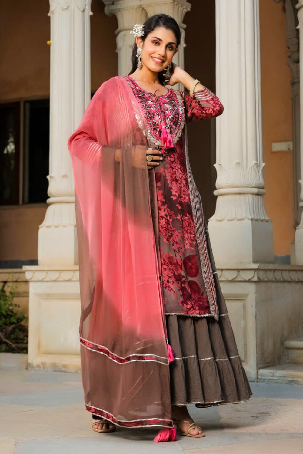 Brown Color Muslin Printed Kurta Set With Attached Skirt