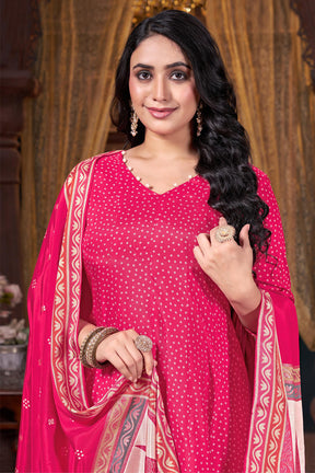 Fuchsia Pink Color Cotton Silk Bandhani Printed Anarkali Suit