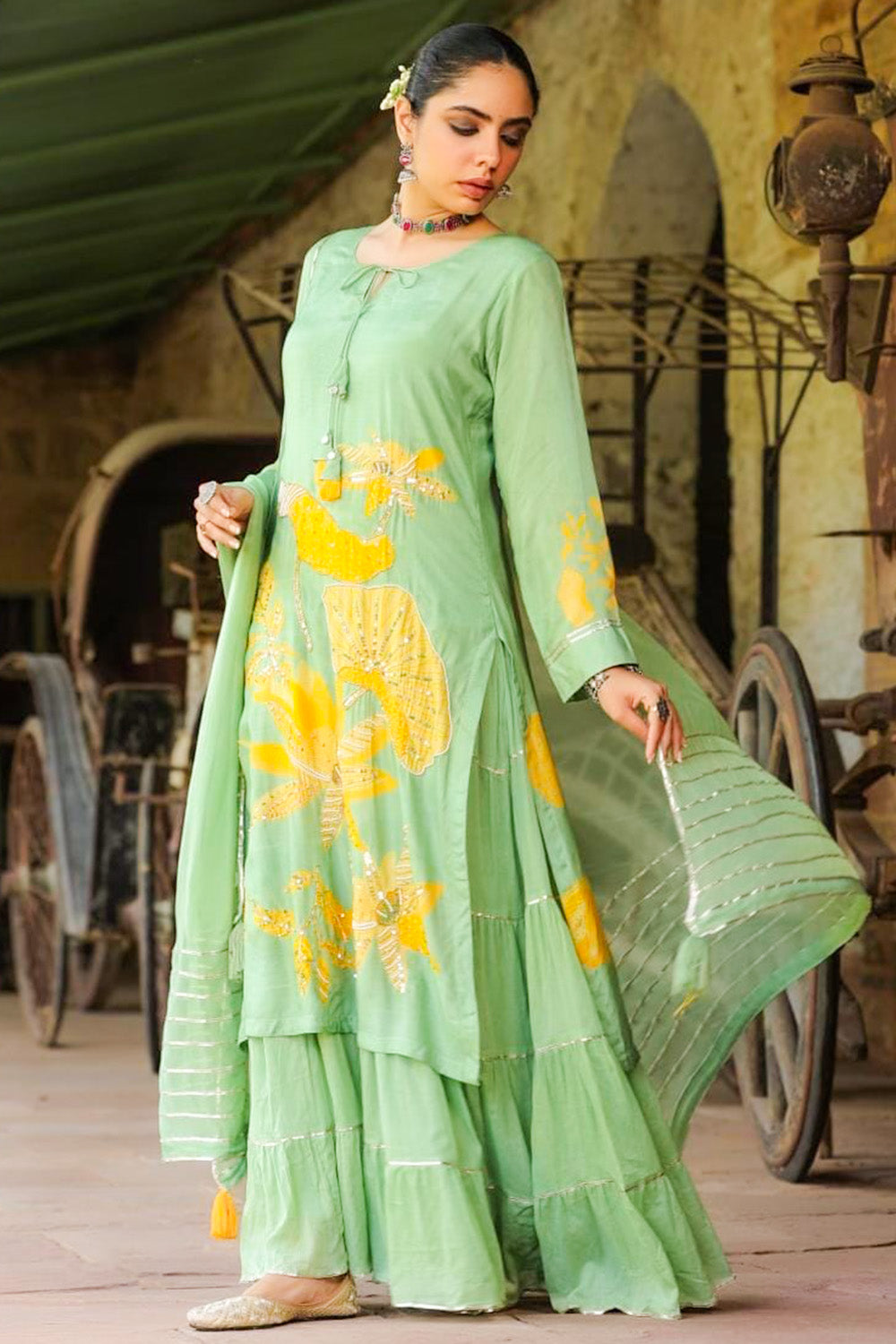 Pale Olive Color Muslin Printed Kurta Set With Attached Skirt